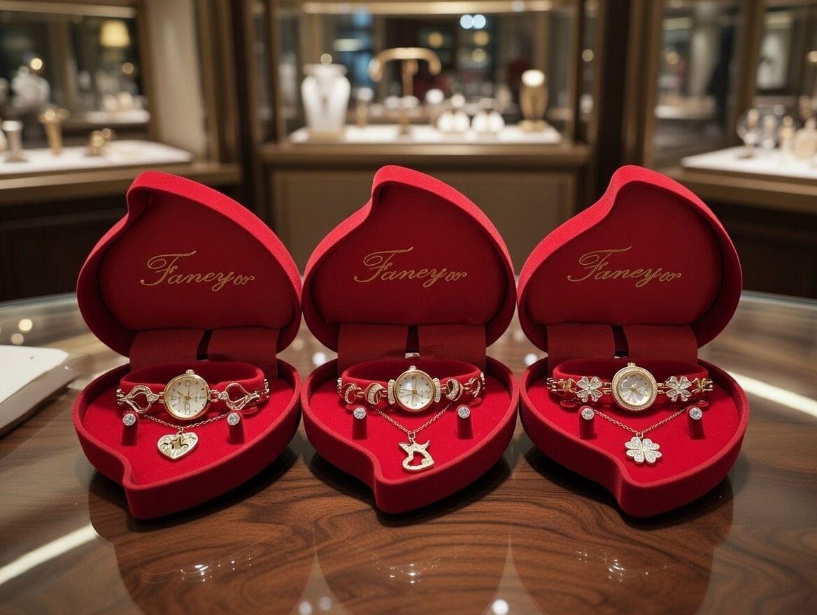 Conjunto de joyas dorado aleatorio con joyero de corazon.